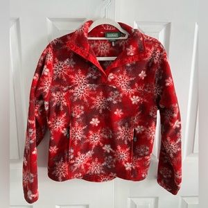 Vintage LL Bean Women’s Snowflake Fleece Pullover Quarter Snap Red